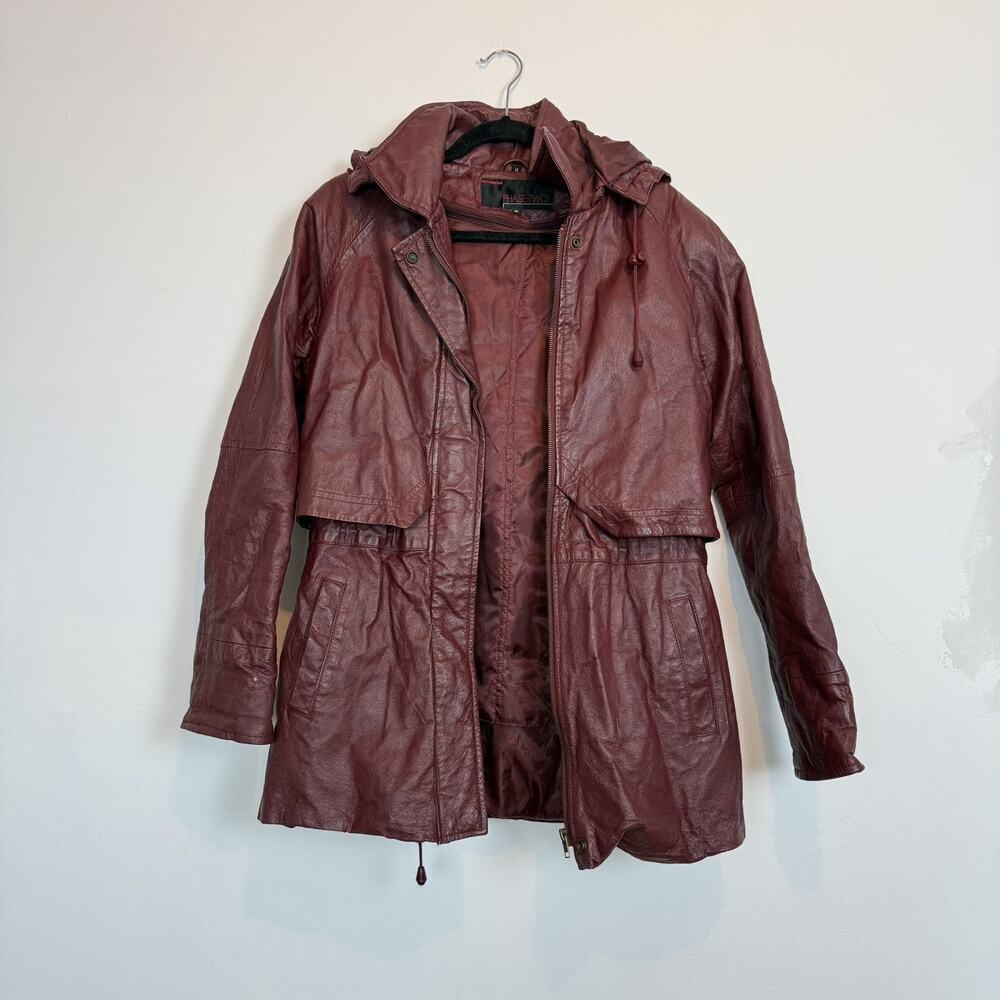 Vintage 90s Phase Two hooded red leather jacket MD grunge skater rare